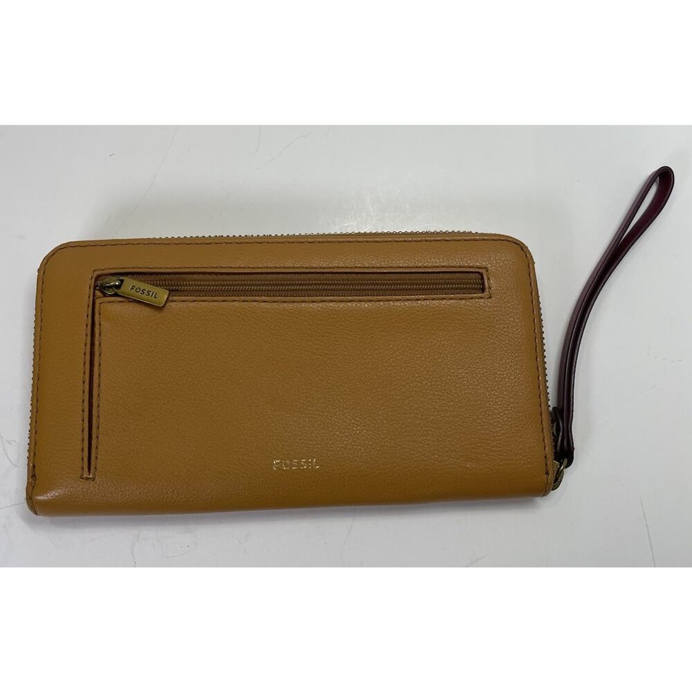 Fossil Wristlet Wallet Brown Zip Multipocket 3D Flower Faux Leather Clutch - Picture 5 of 9